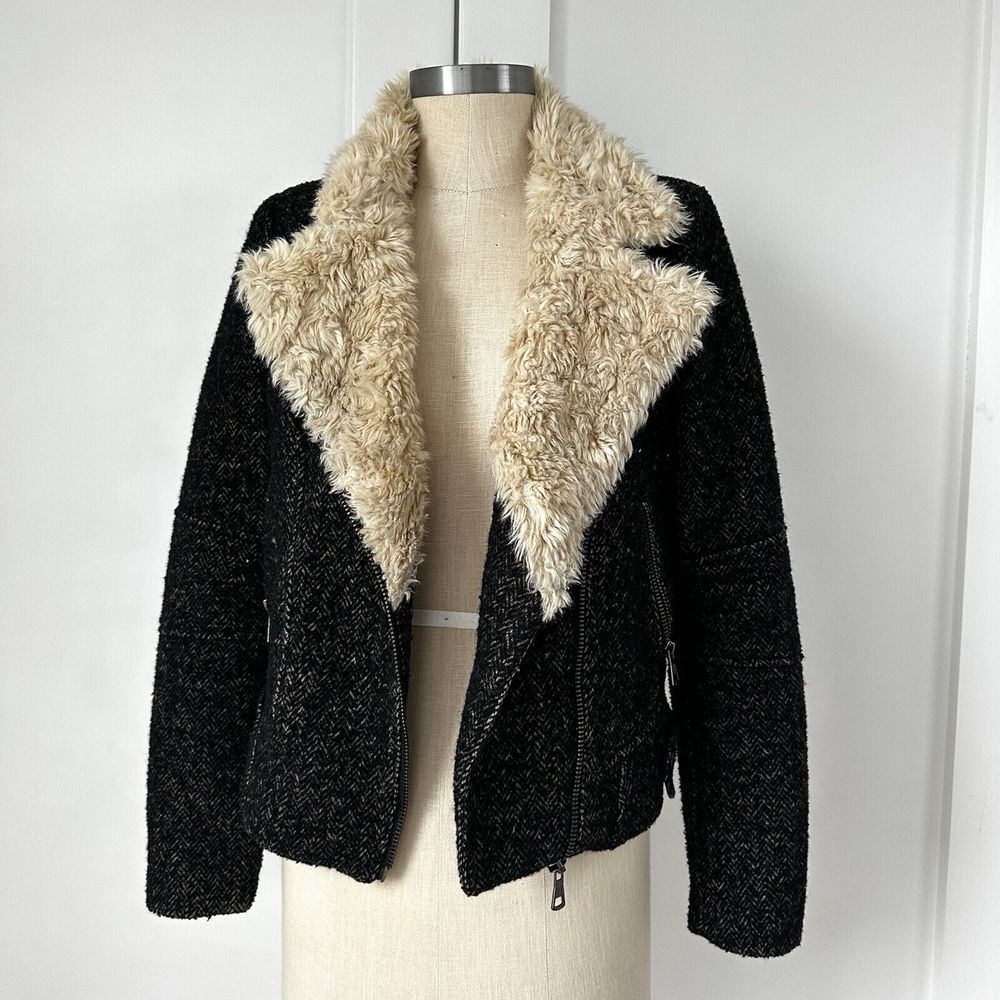 Zara Trafaluc Side Zip Shearling Wool Herringbone Tweed Moto Jacket Womens XS‎